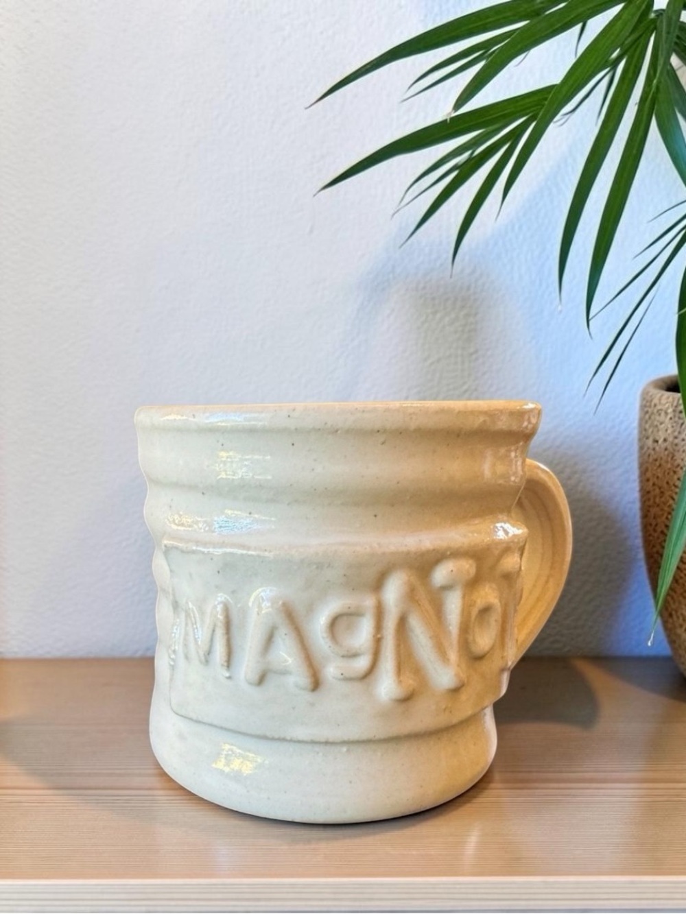 Magnolia Stoneware Coffee Mug Cream Embossed Rustic Farmhouse Cup
